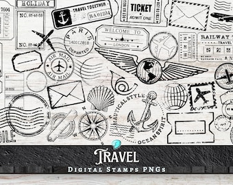 Travel Digi Stamps PNG bundle | digital | overlay | distressed | junk journal | scrapbook | ephemera | vintage | ink saver | post | air mail
