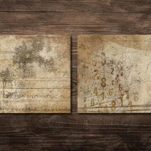 May include: Two rectangular, aged paper prints with a vintage aesthetic, set against a dark wood background. One features musical notation and script, the other displays numbers and faded textures. The prints have a sepia tone.