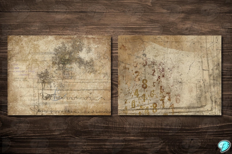 May include: Two rectangular, aged paper prints with a vintage aesthetic, set against a dark wood background. One features musical notation and script, the other displays numbers and faded textures. The prints have a sepia tone.