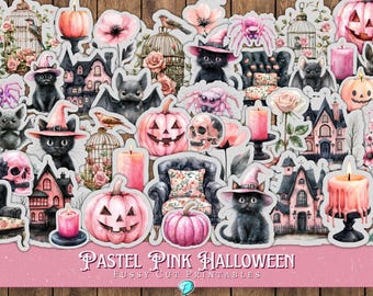 May include: A set of printable Halloween stickers featuring pastel pink and black colours. The stickers include images of cats, pumpkins, houses, birds, spiders, and more. The text "Pastel Pink Halloween Fussy Cut Printables" is at the bottom of the image.
