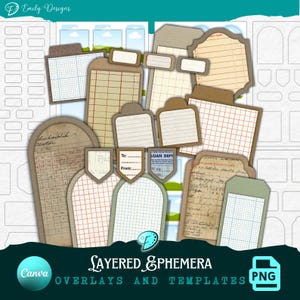 May include: A collection of layered ephemera overlays and templates in various shapes and sizes. The designs include lined and grid paper, tags, and labels in shades of brown, beige, and white. The image also includes the text "LAYERED EPHEMERA OVERLAYS AND TEMPLATES PNG".