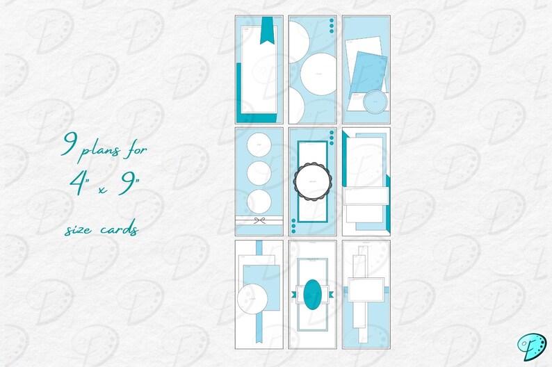 K&ouml;nnte beinhalten: Neun verschiedene Layout-Pl&auml;ne f&uuml;r 10x15 cm Foto-Karten. Jeder Plan zeigt eine andere Anordnung von Foto-Feldern, Kreisen und Rechtecken. Die Pl&auml;ne sind in blaugr&uuml;n umrandet und die Foto-Felder sind hellblau.