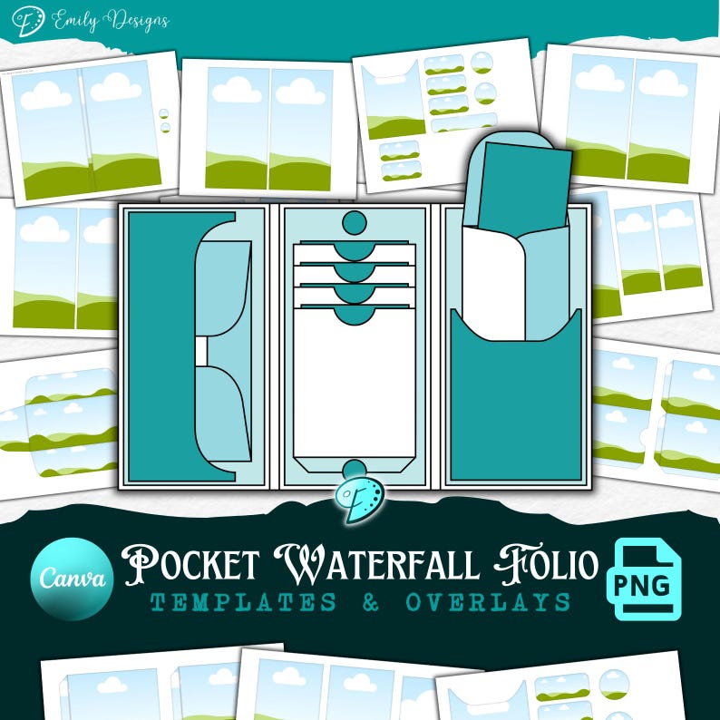 Puede incluir: Un folio de bolsillo en cascada azul turquesa con plantillas y superposiciones para crear un planificador o un diario. El folio tiene un bolsillo, una secci&oacute;n en cascada y una secci&oacute;n para superposiciones. La imagen incluye el texto "Pocket Waterfall Folio Templates & Overlays" y un logotipo de Canva.