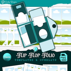 Könnte beinhalten: Eine türkis- und hellblaue Flip Flop Folio-Vorlage mit Vorlagen und Overlays. Das Design beinhaltet eine Landschaftsszene mit Wolken und grünen Hügeln. Die Canva- und PNG-Logos sind sichtbar.