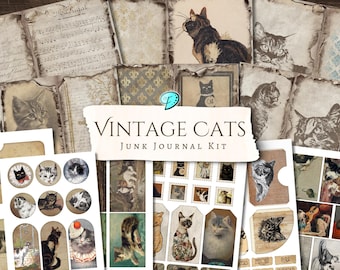 May include: Vintage cat themed junk journal kit with various images of cats, including a black cat with a guitar, a cat with a crown, and a cat with a flower on its head. The kit includes papers, stickers, and tags.