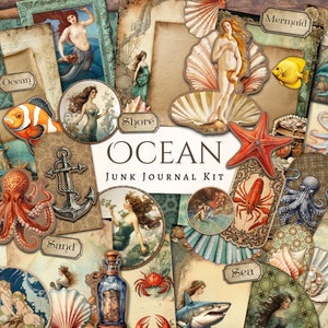 Ocean Junk Journal Kit | Ephemera | antik | Jahrgang | Sammelalbum | digitales Papier | Journal Seite | Ausdruckbar | Meerjungfrau | Fisch | Meer | Schale