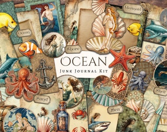 Ocean Junk Journal Kit / efímera / antiguo / vintage / álbum de recortes / papel digital / página de diario / imprimible / sirena / pescado / mar / concha