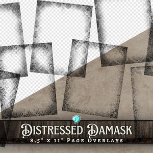 Distressed Damask Page Overlays 8.5&quot; x 11&quot; | background | junk journal | scrapbook | ephemera | PNG | Vintage Borders | Ink Edges | Layer |