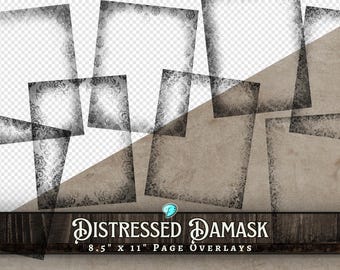 May include: A collection of distressed damask page overlays. The overlays are in various sizes and orientations, with a vintage aesthetic. Each overlay features a decorative border and measures 8.5 x 11 inches.