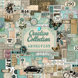 May include: A collage of vintage ephemera with a teal and cream color scheme. The design includes butterflies, flowers, postage stamps, and the text "Creative Collection Archivist". A classic car and bicycle are also featured.