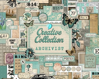 May include: A collage of vintage ephemera with a teal and cream color scheme. The design includes butterflies, flowers, postage stamps, and the text "Creative Collection Archivist". A classic car and bicycle are also featured.