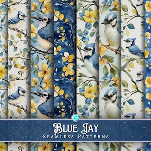 Papeles digitales sin costuras Blue Jay / efímeras / vintage / álbum de recortes / papel digital / imprimible / botánico / pájaro / diario basura / primavera