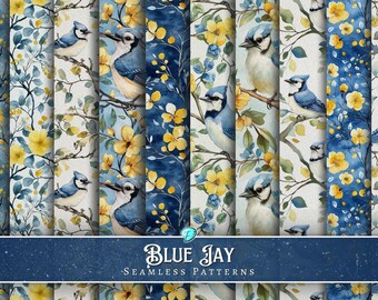May include: A set of 10 digital seamless patterns featuring blue jays and yellow flowers on a blue and white background. The patterns are perfect for scrapbooking, card making, and other craft projects.  "Blue Jay Seamless Patterns" is written at the bottom of the image.