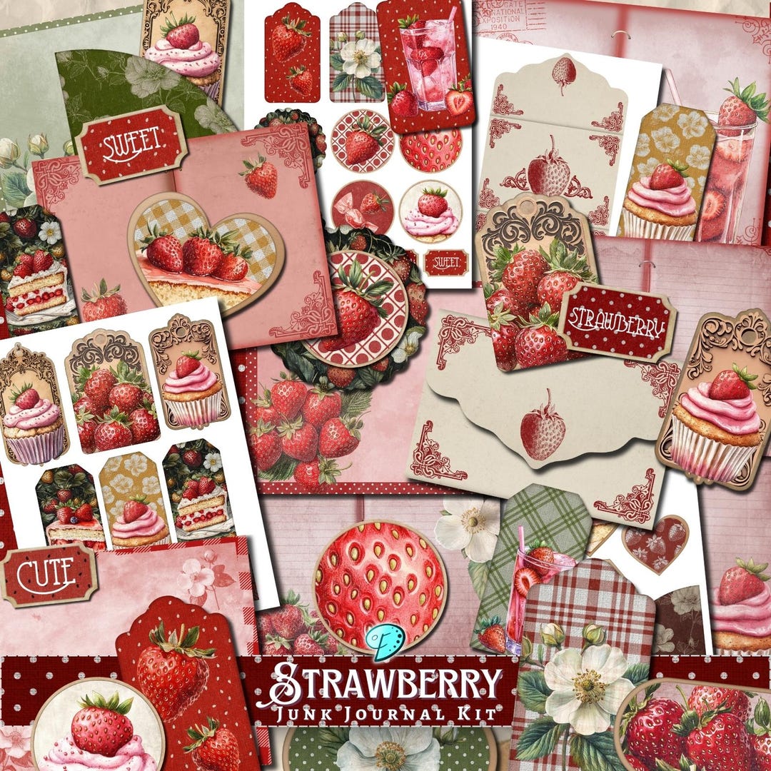 Strawberry Junk Journal Kit | Scrapbook | Digital Ephemera | Vintage ...