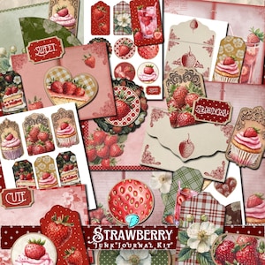 Kit de diario basura de fresa / álbum de recortes / efímera digital / vintage / imprimible / rojo / pastel / fruta / bayas / corazón / lunares / dulce