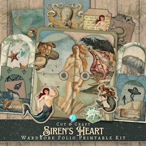 Cut and Craft Sirenens Herz Garderobe Folio Kit | Druckbar | Jahrgang | Ephemera | Junk Journal Kit | schlicht | Meerjungfrau | Ozean | Meer | Venus