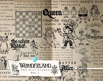 May include: A collection of vintage illustrations from Alice in Wonderland, featuring characters like the Queen, the Mad Hatter, the White Rabbit, and the Cheshire Cat. The illustrations are in black and white and have a whimsical, cartoonish style. The text "Alice in Wonderland" is featured prominently in the center of the image.