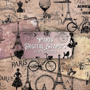 Selos Digitais de Paris | angustiado | jornal lixo | álbum de recortes | coisas efêmeras | vintage | França | PNG | transparente | Floral | Torre Eiffel