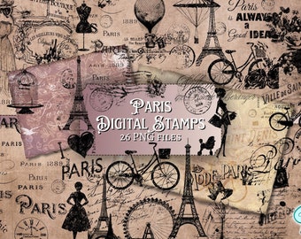 May include: A set of 26 digital stamps featuring Parisian themes, including the Eiffel Tower, bicycles, and vintage typography. The stamps are in black and white and have a distressed, vintage look.