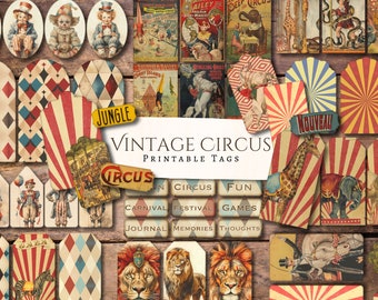 Vintage Circus Tags | vintage | ephemera | fussy cut | junk journal | digital paper | scrapbook | digital | printable | Carnival | Lion
