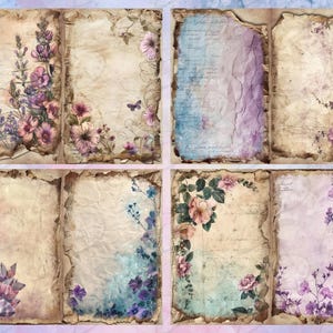 May include: Six vintage-style paper sheets with floral designs. Each sheet has a distressed, aged look with faded edges and a watercolor background. The floral designs include purple, pink, and blue flowers.