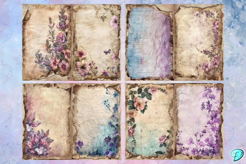 May include: Six vintage-style paper sheets with floral designs. Each sheet has a distressed, aged look with faded edges and a watercolor background. The floral designs include purple, pink, and blue flowers.