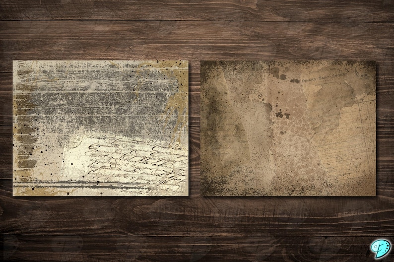 May include: Two vintage-style scrapbook paper sheets with a distressed look. One sheet features a weathered, layered design with script and splatters. The other sheet has a plain, aged appearance with stains and a map-like design.