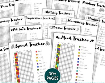 May include: A collection of printable yearly trackers, including mood, spending, and activity trackers. The bundle features over 30 pages with various designs and layouts. Text on the image includes "Yearly Tracker Bundle" and tracker titles.