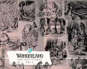May include: A collection of black and white illustrations from Alice in Wonderland. The illustrations feature characters like the Mad Hatter, the Queen of Hearts, and the Cheshire Cat. The illustrations are perfect for scrapbooking, card making, and other craft projects.