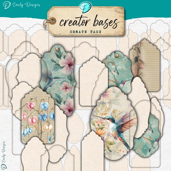 Creator Bases Ornate Tags | overlay | distressed | junk journal | scrapbook | ephemera | vintage | distress | PNG | blank | tag