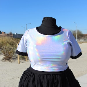 Plus Size Holographic Crop Top: Rave Cyber Ringer Tee