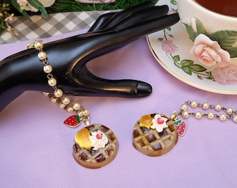 Mini Strawberry Waffle with butter and syrup bracelet- kawaii food, breakfast jewelry for fairy kei, sweet, classic lolita fashion.