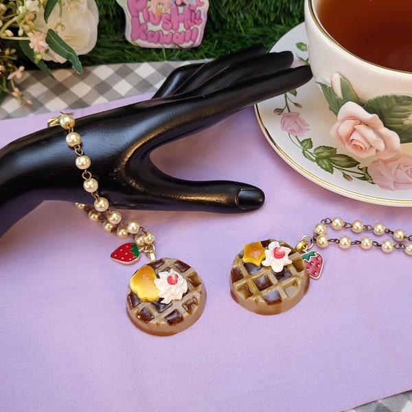 Mini Strawberry Waffle with butter and syrup bracelet- kawaii food, breakfast jewelry for fairy kei, sweet, classic lolita fashion.