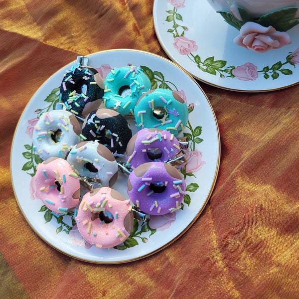 Mini Donut hairclip PAIR-  Kawaii fake food accessory, jewelry, decora, fairy kei, lolita fashion, party kei, heart, star, rainbow, sprinkle