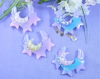 Celestial wings star moon and wing pastel barette - for kawaii fashion, lolita fashion, decora, fairy kei, choose between simple or delux