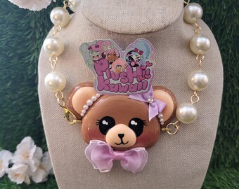 Beary Sweet Jumbo Charm Bracelet Necklace for kawaii, hime and lolita fashion. Cute bear short necklace with jumbo faux pearls and bows