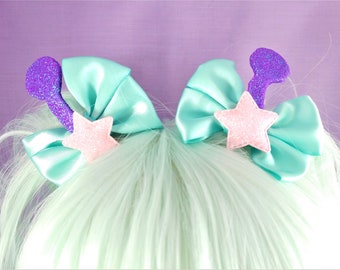 Kawaii Alien Antenna Hair Clips: Pastel Bows, Glitter Stars - Set of 2