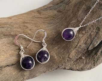 Amethyst Jewelry Set, February birthstone, Amethyst necklace, Amethyst earrings, Birthstone Jewelry, amethyst jewelry, Wire wrapped Jewelry