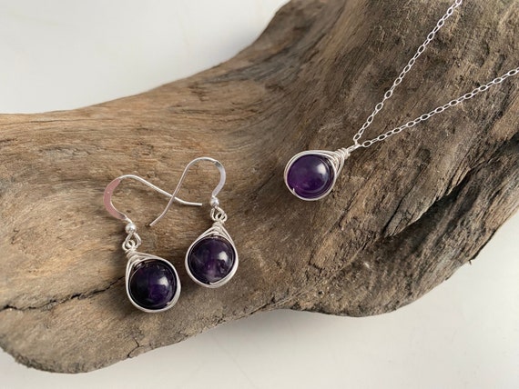 Amethyst Jewelry Set, February birthstone, Amethyst necklace, Amethyst earrings, Birthstone Jewelry, amethyst jewelry, Wire wrapped Jewelry