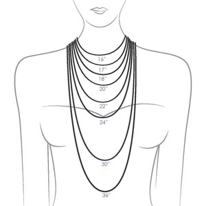 May include: A diagram showing different chain lengths for necklaces, ranging from 16 inches to 36 inches.