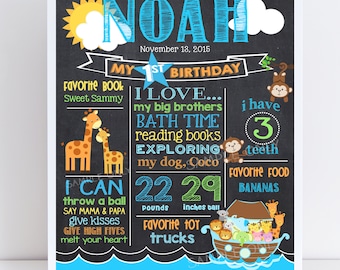 May include: A blue and yellow chalkboard style birthday poster with the name Noah and the text "My 1st Birthday". The poster features a giraffe, monkey, and other jungle animals. The poster also includes details about Noah's age, weight, height, favourite book, favourite food, and favourite toy.