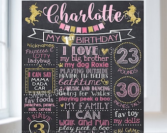Unicorn First Birthday Chalkboard Poster - Unicorn Pink and Glitter 1st Birthday Chalk Board Sign - Gold Unicorn 1st Birthday Chalkboard L