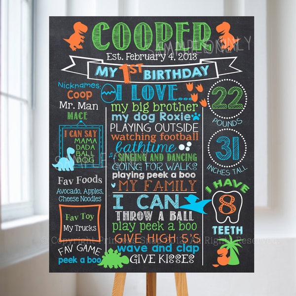First Birthday Dinosaur Chalkboard Style Digital Poster - 1st Birthday Customized Digital Sign - Printable File - Baby's First Birthday