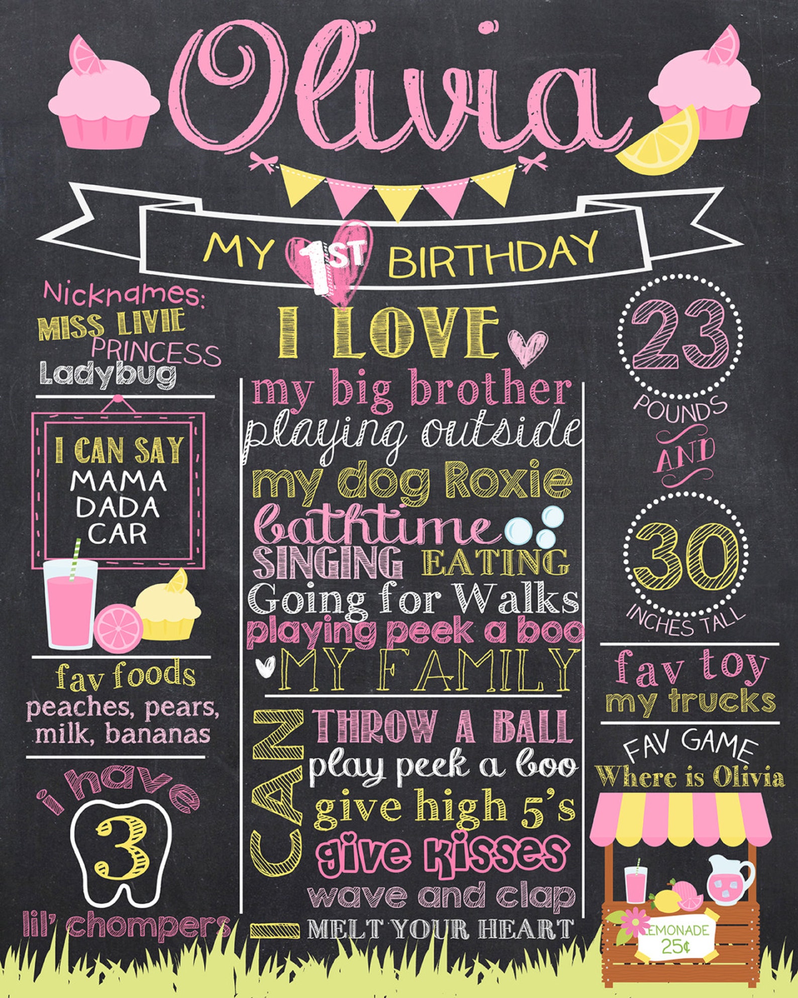 Lemonade First Birthday Chalkboard Poster Pink Lemonade 1st Etsy