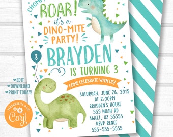 DIY Dinosaur Invitation, Dino Invitation, Tyrannosaurus Rex Party Invitation, Downloadable  Birthday Invitation, Brontosaurus Birthday