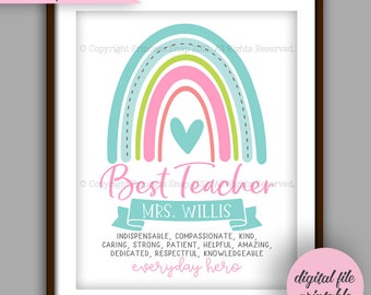 Rainbow Teacher Gift, Personalized Teacher Gift Printable, Teacher Quote, Teacher Appreciation Gift, Teacher Digital File 8x10 File