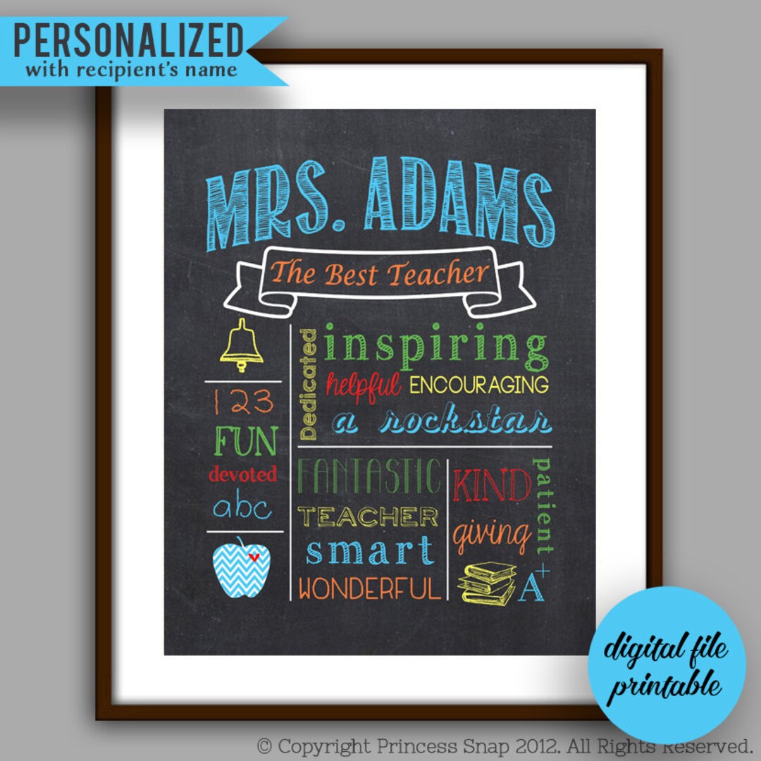 Teacher Gift, Teacher Printable, Personalized Teacher Chalkboard Style ...