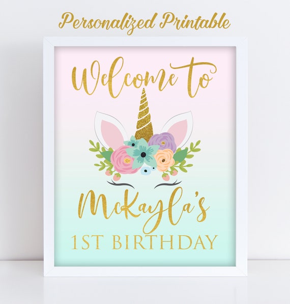 Printable Welcome Sign Watercolor Flowers Unicorn Rainbow Theme DIGITAL FILES Birthday Party Door sign Personalized Signage 10-090