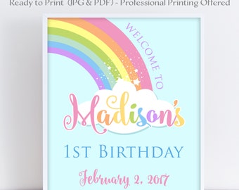 Pastell Regenbogen Willkommen Poster, Einhorn Pastell Regenbogen Geburtstagsschild, Regenbogen Willkommen druckbar, Regenbogen Geburtstagsschild personalisiert druckbar