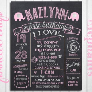 Cartel de pizarra de primer cumpleaños de elefante - Signo de tablero de tiza de 1er cumpleaños de elefante rosa - Prop de foto imprimible
